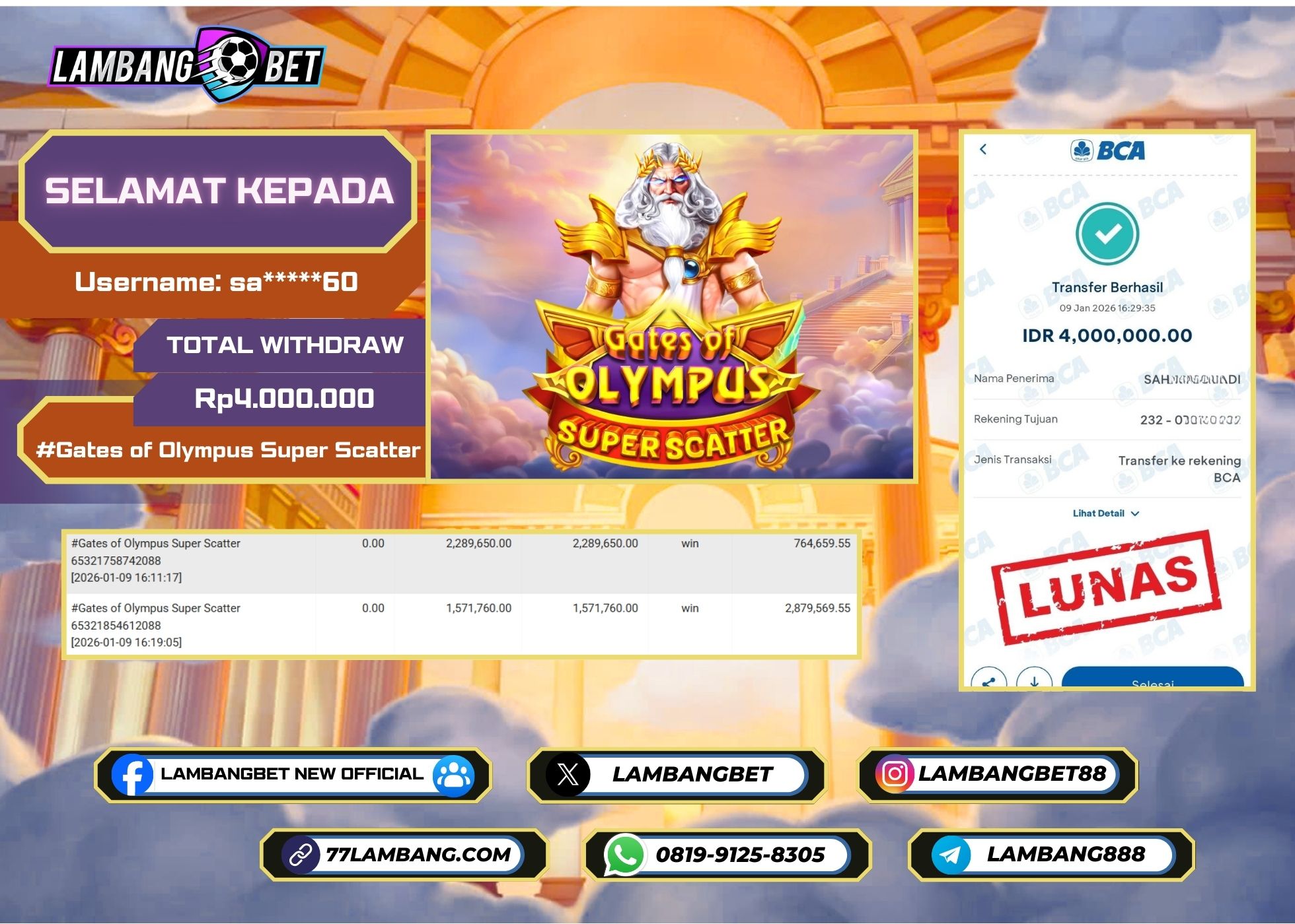 LAMBANGBET [9 JANUARI 2025] JACKPOT SLOT Gates of Olympus Super Scatter "Rp4.000.000" LUNAS